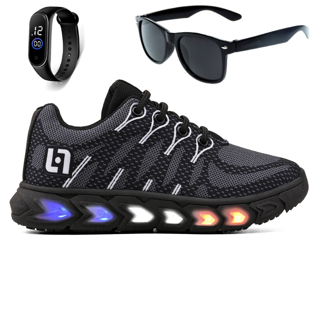 Tenis Infantil De Led Meninos Casual Preto Preto Com Luzes Óculos e