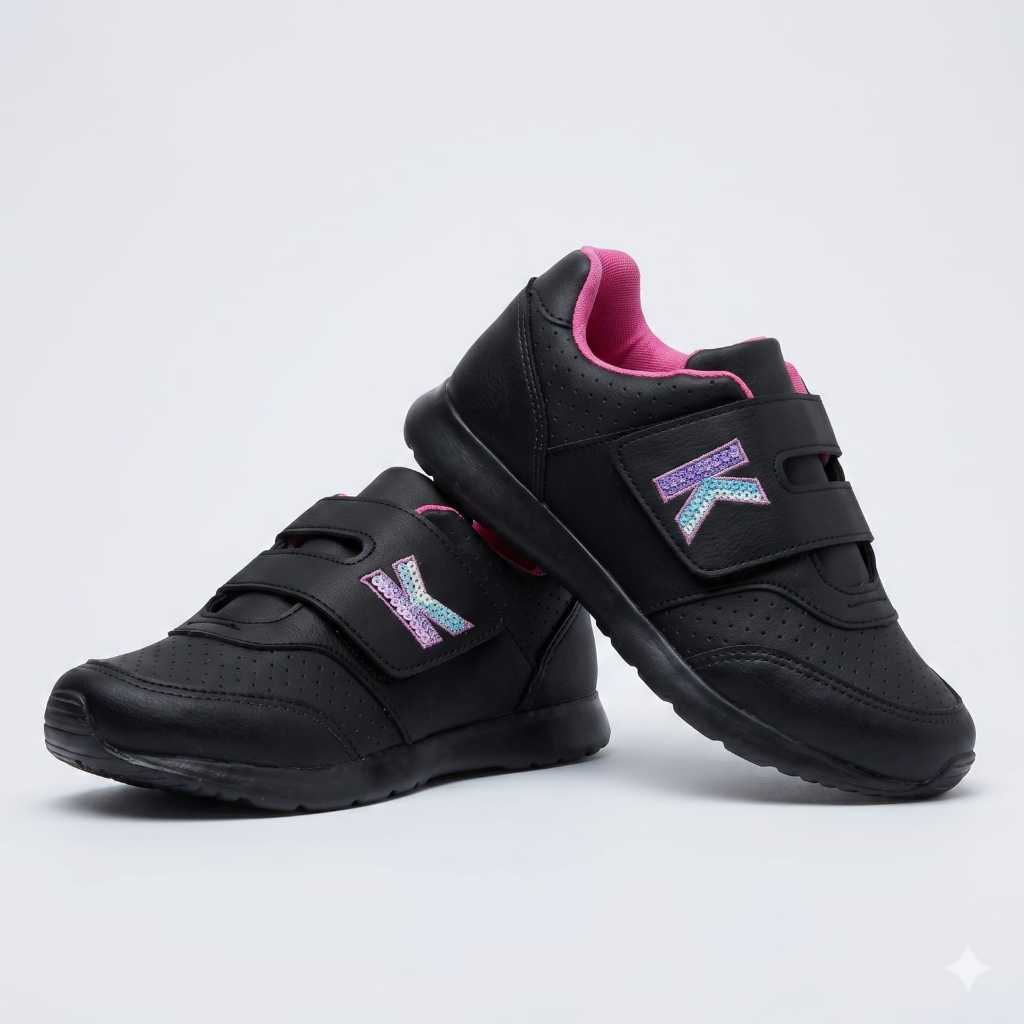 Tênis Infantil Menina Bordado Preto Pink Escolar Kidstep — Calçados