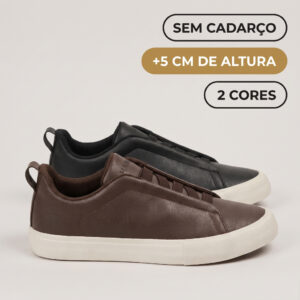 Tênis Masculino Slip On Sem Cadarço Salto Interno 5cm Casual Couro