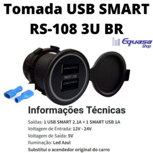 Tomada Usb Veicular Carregador Celular Tablet Gps Roadstar 3U BR