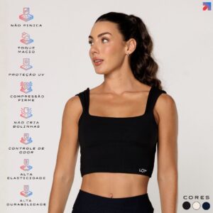 Top Academia Feminino Preto Com Decote Quadrado Alça Larga Poliamida
