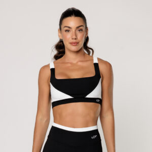 Top Academia Feminino Preto com Recorte Off White Alça Larga Feminino