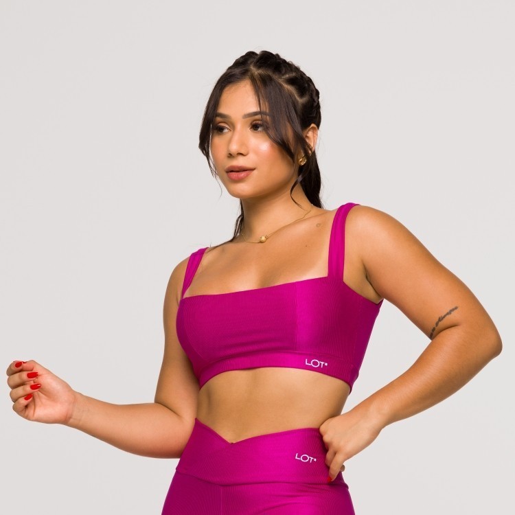Top Feminino Rosa Fúcsia Fitness Poliamida Academia Decote Reto