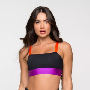 Top Fitness Academia Feminino Poliamida Preto Com Detalhe Roxo e