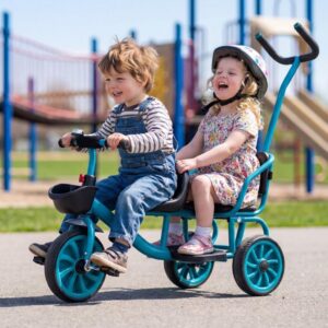 Triciclo Infantil Duplo com Empurrador 2 Crianças 2 Lugares Gêmeos
