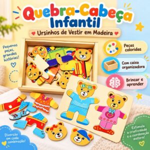 Troca Roupa Divertida Brinquedo de Quebra-Cabeça Mdf Urso Montessori