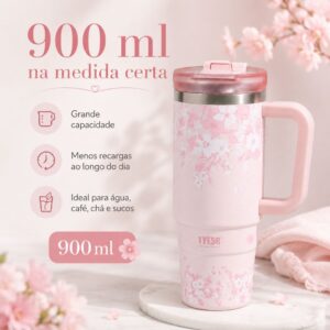 Tyeso Copo Térmico Floral 900ml Aço Inox Com Alça e Canudo Retrátil