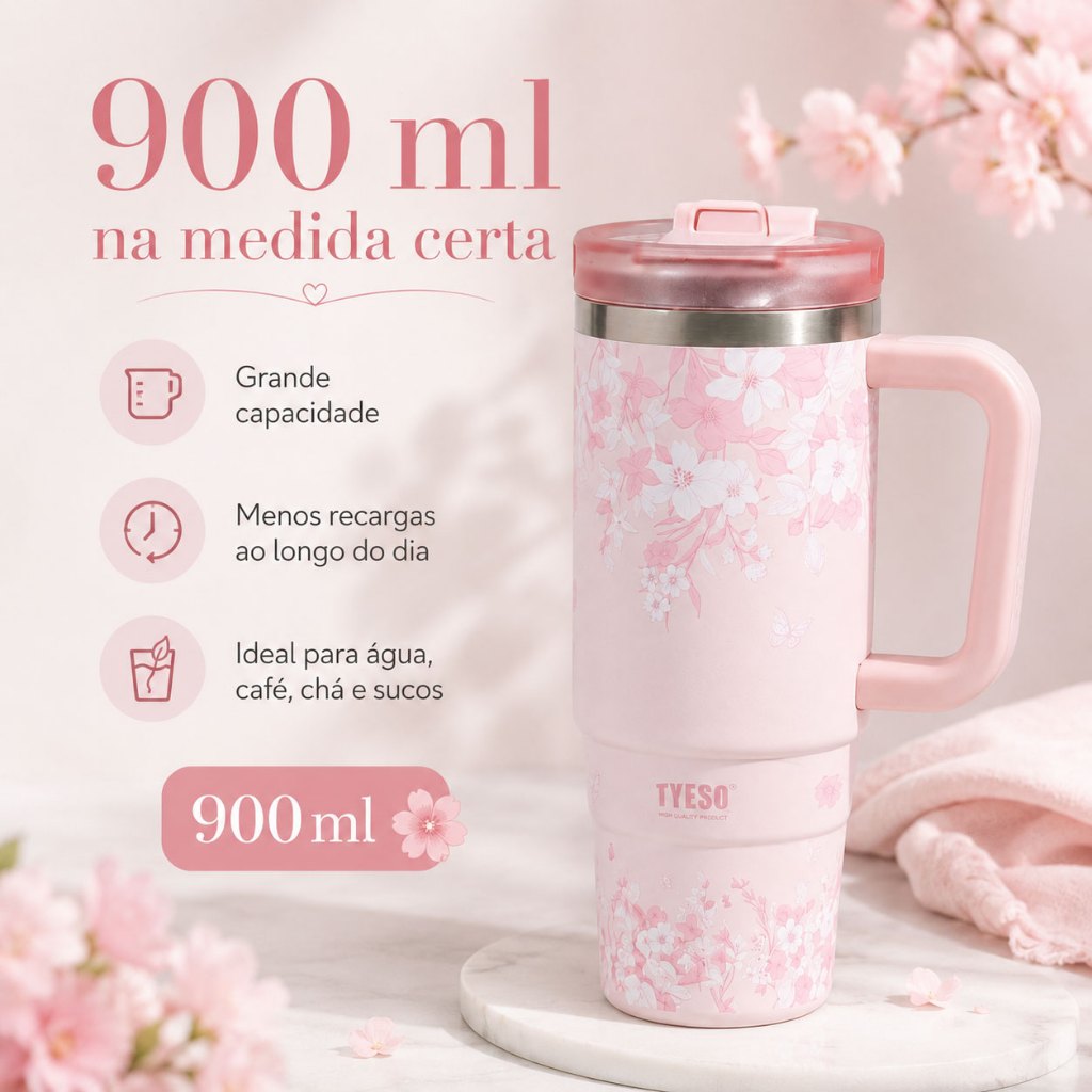 Tyeso Copo Térmico Floral 900ml Aço Inox Com Alça e Canudo Retrátil