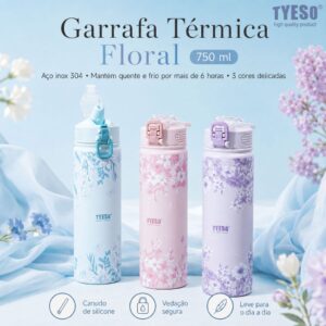 Tyeso Garrafa Térmica Floral 750ml Aço Inox 304 com Canudo À Prova de