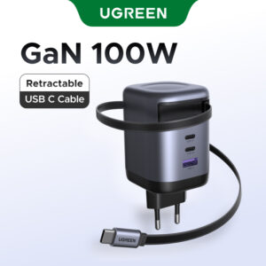 Ugreen 100W 4 Portas GaN Cabo Retrátil De 75 Cm USB A C Carregador