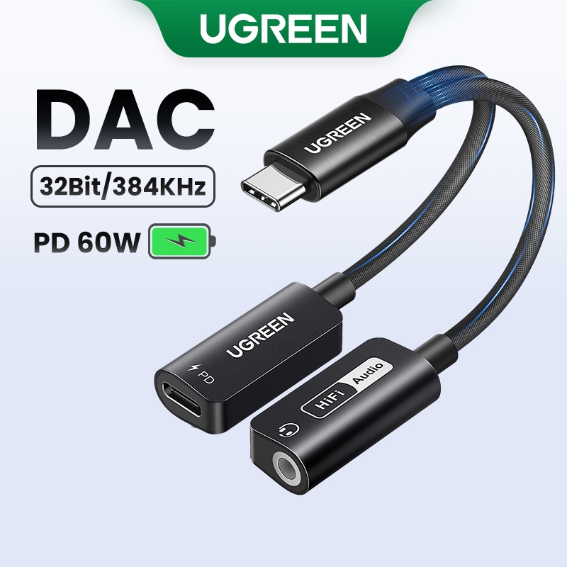 Ugreen 2 Em 1 Conversor USB C Para Hifi 3,5mm Áudio PD 60W Cabo De