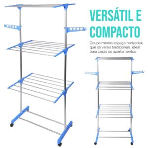 Varal De Roupa Dobrável Torre 3 Andares Com Rodas Aço Inox Vertical