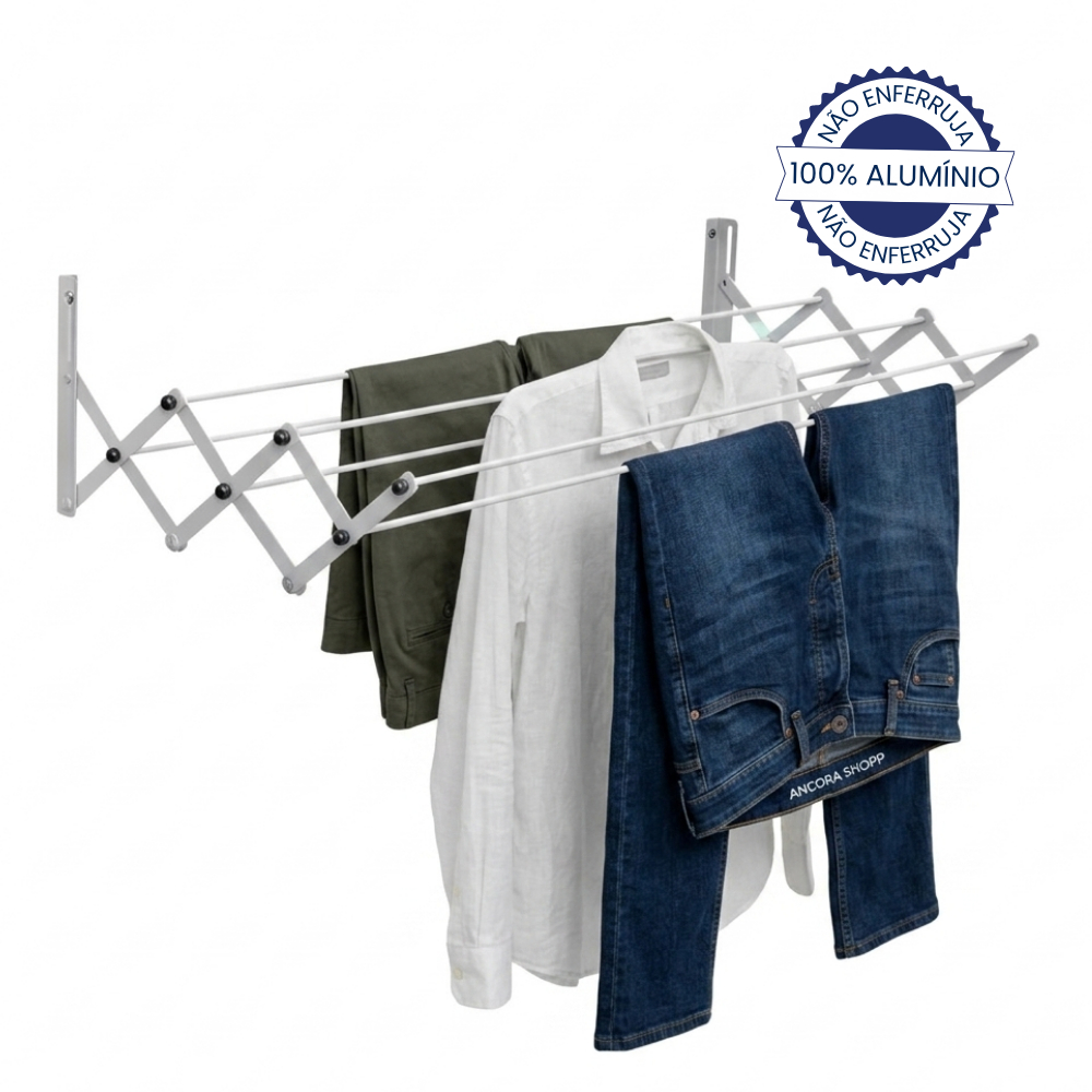 Varal de Roupas Sanfonado Retrátil de Alumínio para Parede 77cm 1