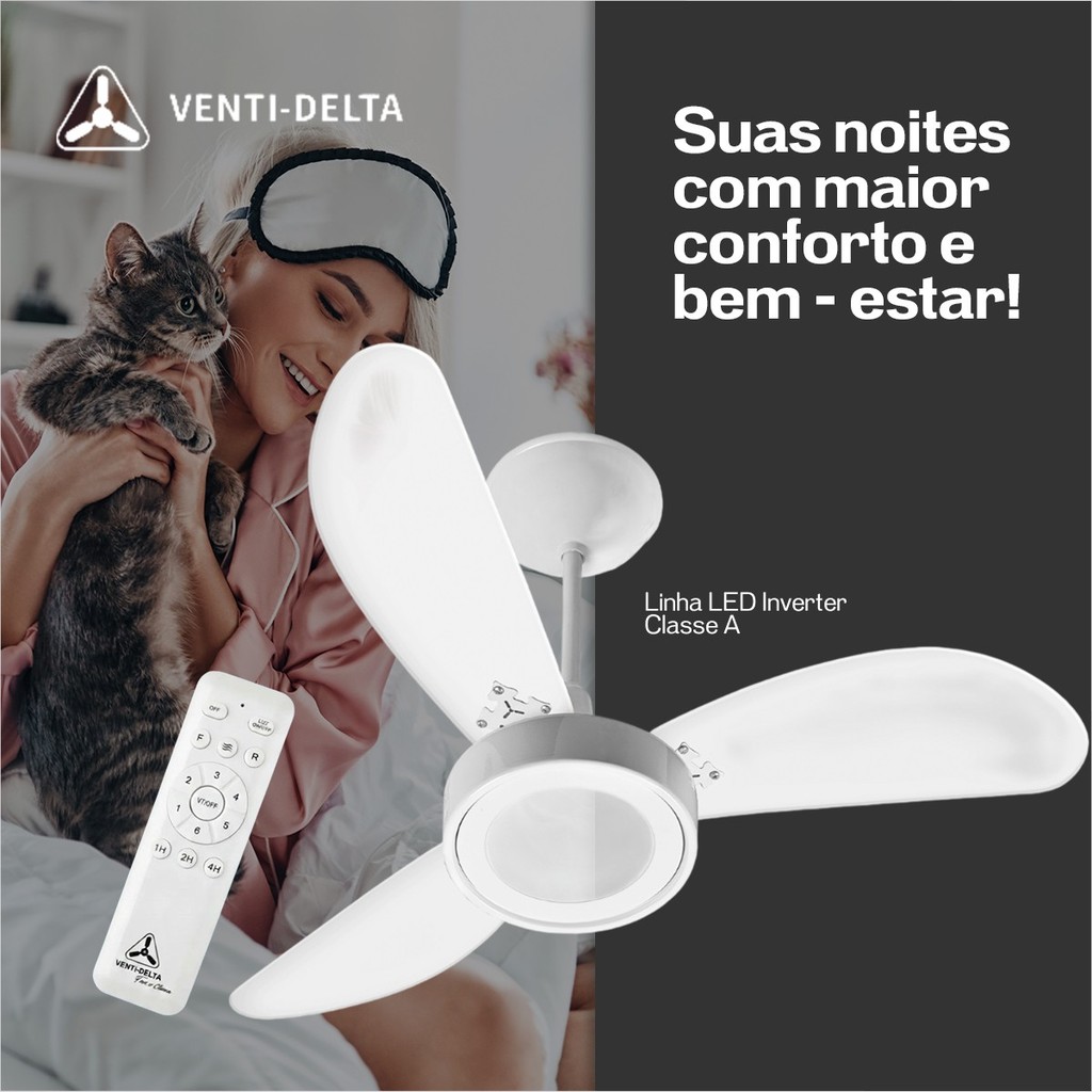 Ventilador De Teto Inverter Delta Led Branco Preto Com 3 Pás Bi-Volt — Ar e Ventilação