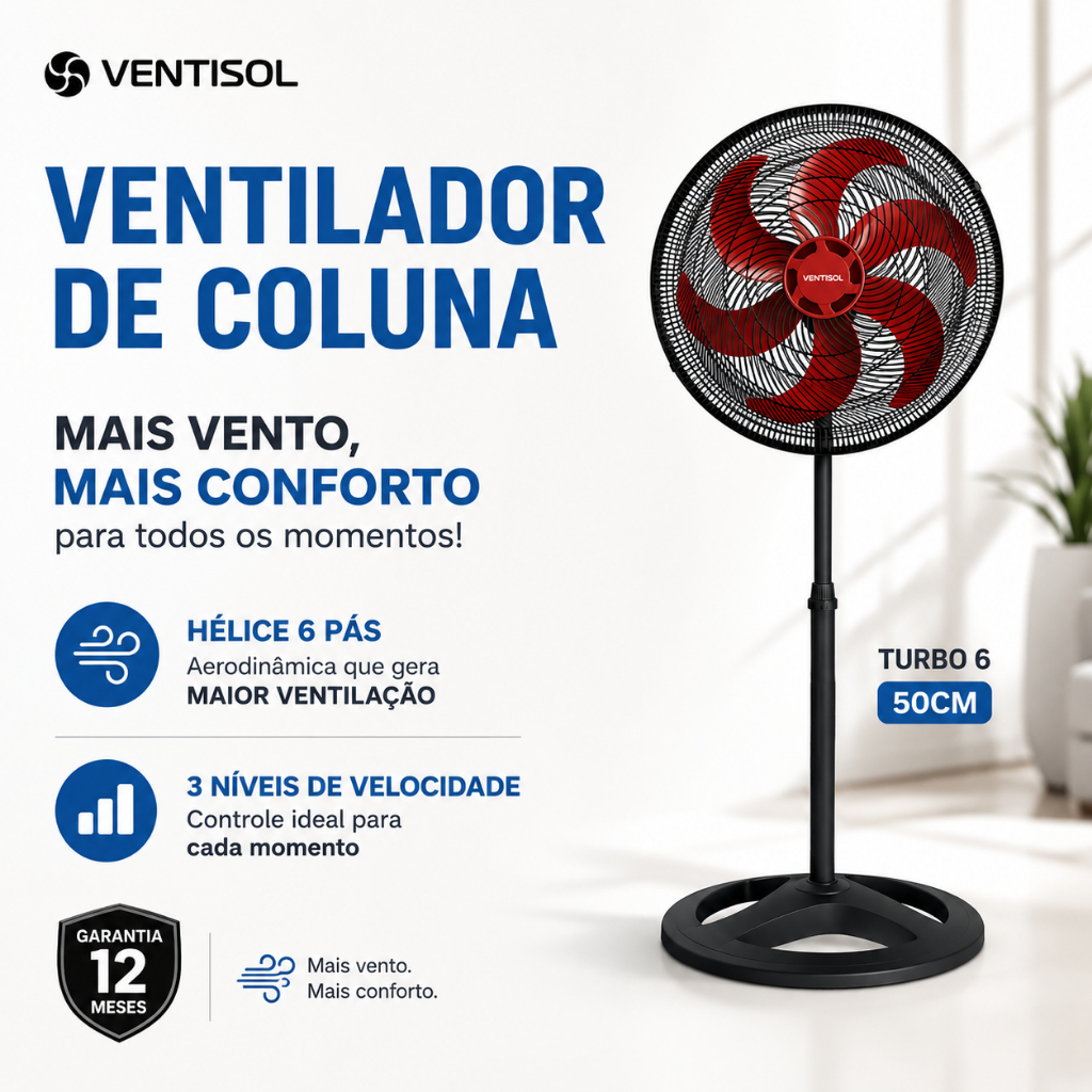 Ventilador Ventisol 50cm Ventilador Coluna 6 Pás Turbo 6 Ventilador — Ar e Ventilação