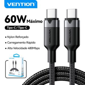 Vention USB 2.0 Tipo-C Cabo 3A 60W 480Mbps Dados Nylon Trançado — Informática