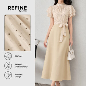 Vestido Feminino Chiffon Apricot Com Poás Babado Costura Em Tecido