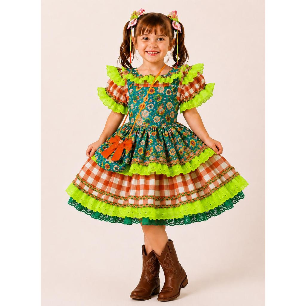 Vestido Feminino Infantil Festa Junina Candinha Com Bolsinha
