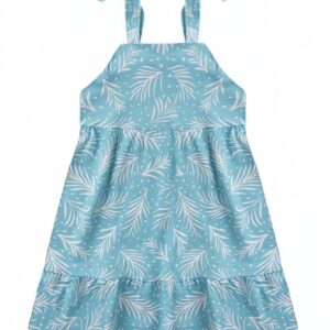 Vestido Feminino Infantil Verão Folhagem Azul Claro