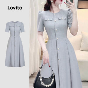 Vestido Feminino Lovito Midi Elegante Nacional Azul Primavera verão — Moda Feminina