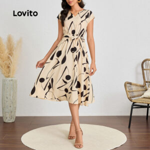 Vestido Feminino Lovito Nacional Casual Geométrico Elegante Verão