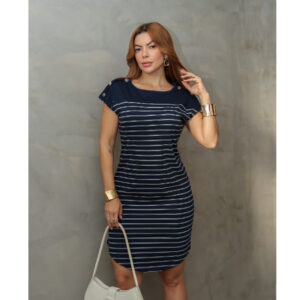 Vestido Feminino Midi Listrado Manga Curta com Botões no Ombro Casual