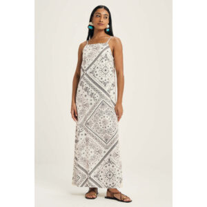 Vestido Feminino Midi Longo Estampado Marialícia Bege