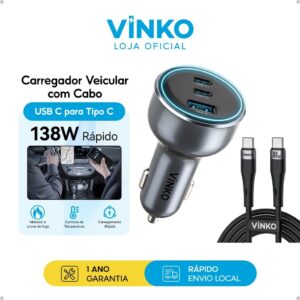 Vinko Carregador Veicular Turbo 138W Carregador para Celular com Cabo