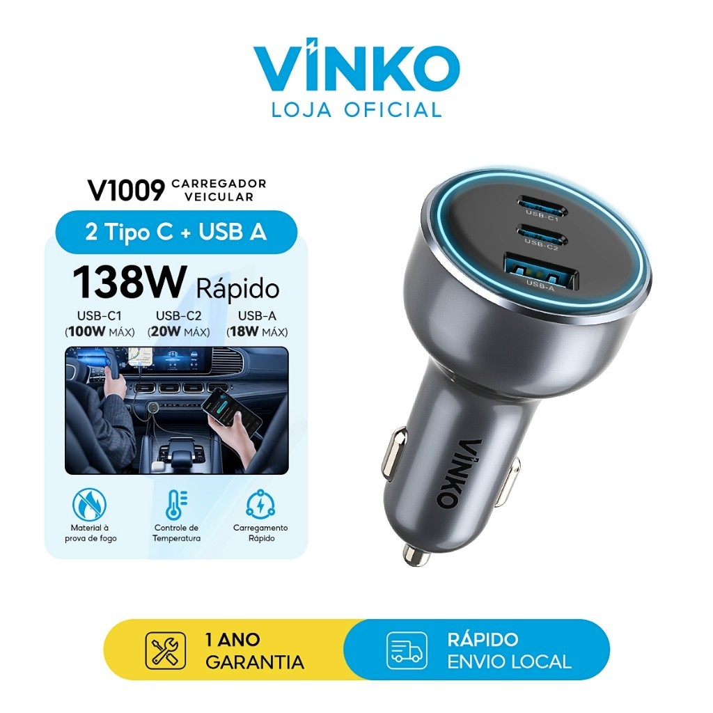 Vinko Carregador Veicular Turbo 138W Universal Carregador para